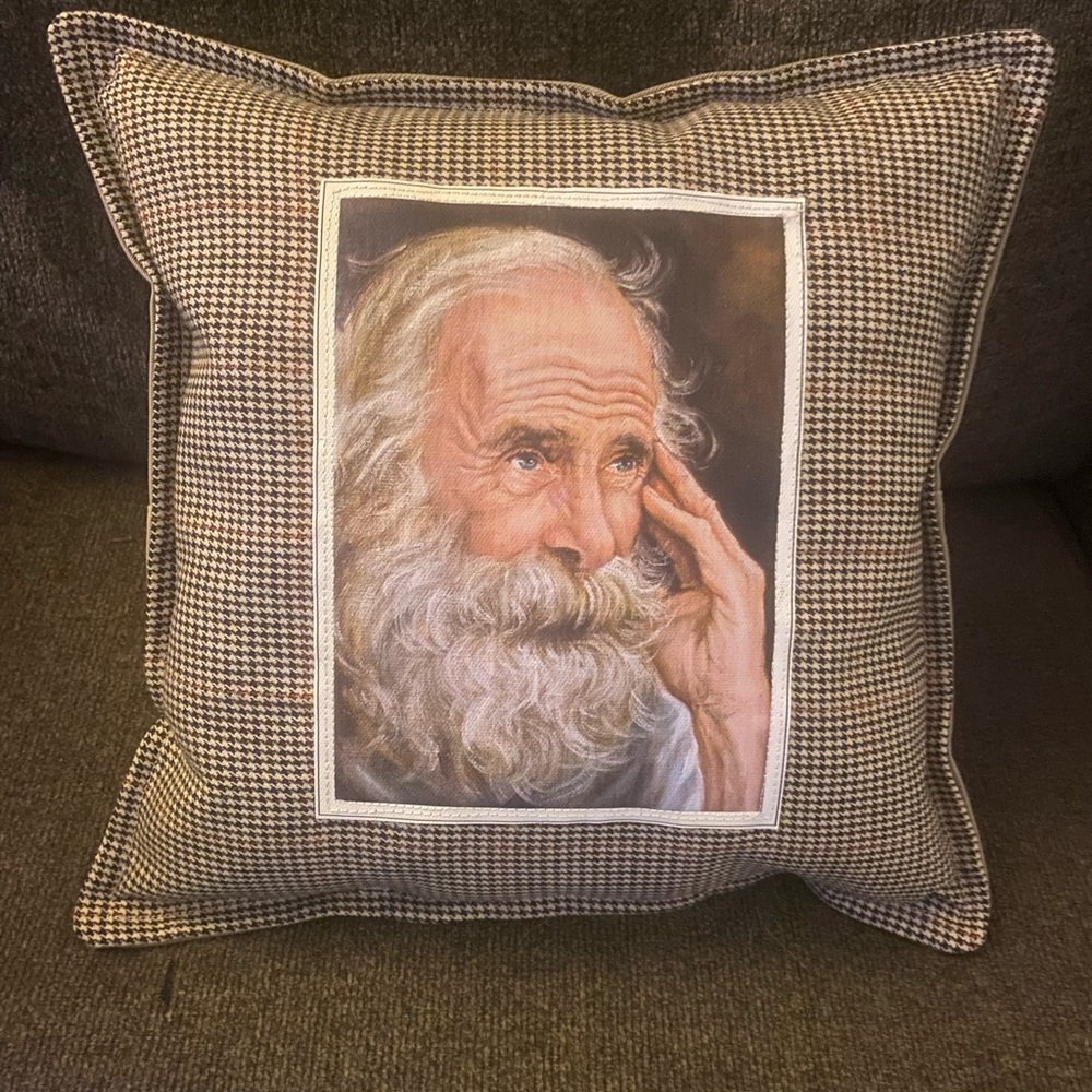 Handcrafted by NeedlessThings 12x12 Houndstooth Pillow with Bearded Man Portrait